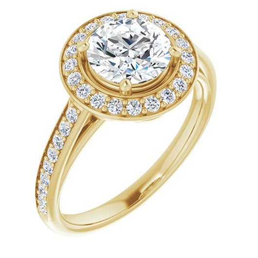 10K Yellow Gold Customizable Cathedral-raised Round Cut Halo-and-Accented Band Design