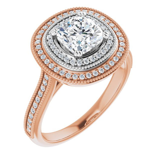 14K Rose & White Gold Customizable Cushion Cut Design with Elegant Double Halo, Houndstooth Milgrain and Band-Channel Accents