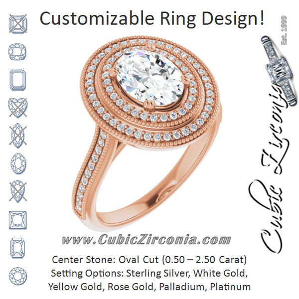 Cubic Zirconia Engagement Ring- The Aubriella (Customizable Oval Cut Design with Elegant Double Halo, Houndstooth Milgrain and Band-Channel Accents)