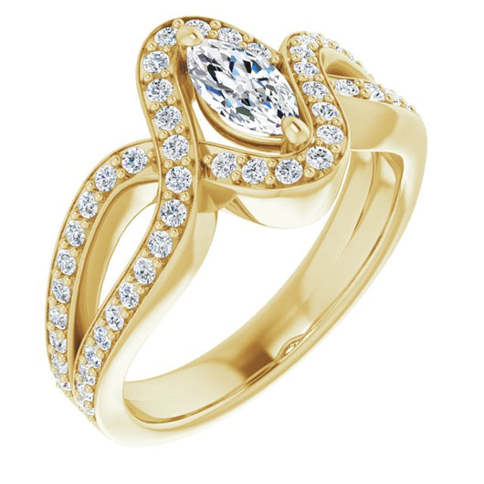 10K Yellow Gold Customizable Marquise Cut Center with Infinity-inspired Split Shared Prong Band and Bypass Halo