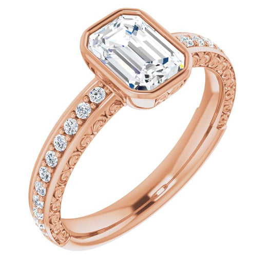 10K Rose Gold Customizable Bezel-set Emerald/Radiant Cut Design with Cloud-pattern Band & Semi-Eternity Accents