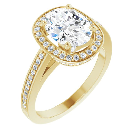 10K Yellow Gold Customizable Cathedral-set Oval Cut Design with Halo, Thin Pavé Band & Round-Bezel Peekaboos