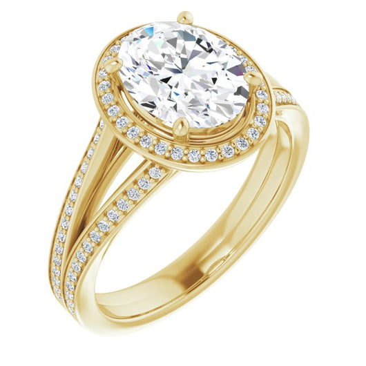 10K Yellow Gold Customizable Oval Cut Design with Split-Band Shared Prong & Halo