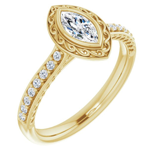 10K Yellow Gold Customizable Cathedral-Bezel Marquise Cut Design featuring Accented Band with Filigree Inlay