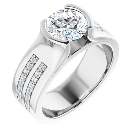 10K White Gold Customizable Bezel-set Round Cut Design with Thick Band featuring Double-Row Shared Prong Accents