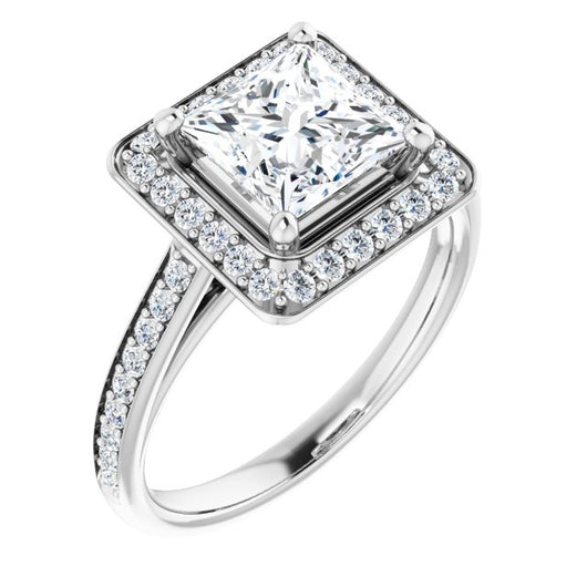 10K White Gold Customizable Cathedral-raised Princess/Square Cut Halo-and-Accented Band Design