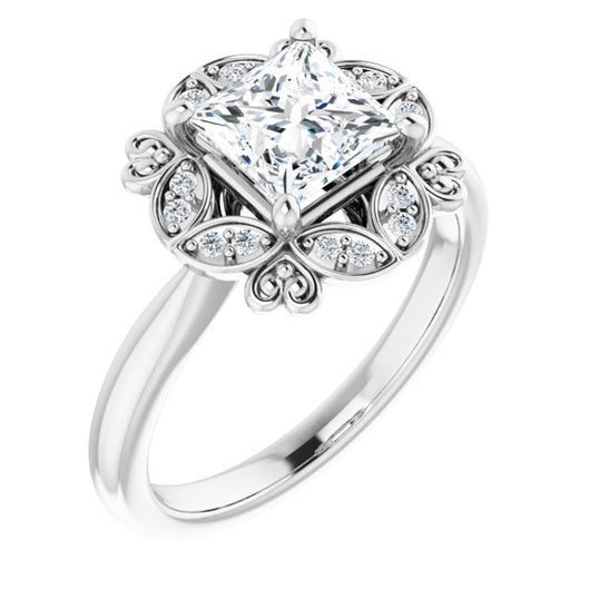 10K White Gold Customizable Princess/Square Cut Design with Floral Segmented Halo & Sculptural Basket