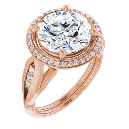 10K Rose Gold Customizable Cathedral-raised Round Cut Design with Halo and Tri-Cluster Band Accents