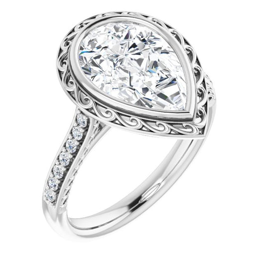 10K White Gold Customizable Cathedral-Bezel Pear Cut Design featuring Accented Band with Filigree Inlay