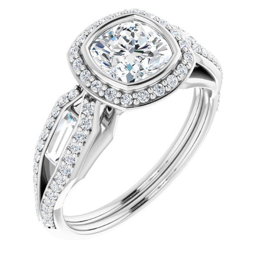 10K White Gold Customizable Cathedral-Bezel Cushion Cut Design with Halo, Split-Pavé Band & Channel Baguettes