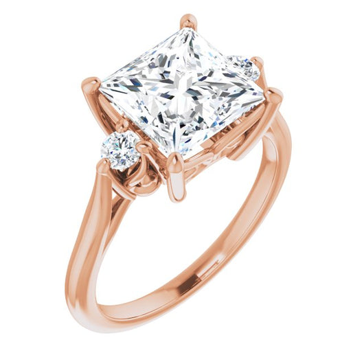 10K Rose Gold Customizable Three-stone Princess/Square Cut Design with Small Round Accents and Vintage Trellis/Basket