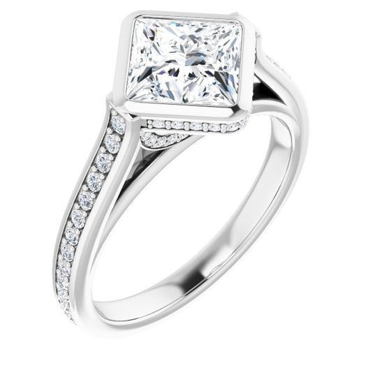 10K White Gold Customizable Cathedral-Bezel Princess/Square Cut Design with Under Halo and Shared Prong Band