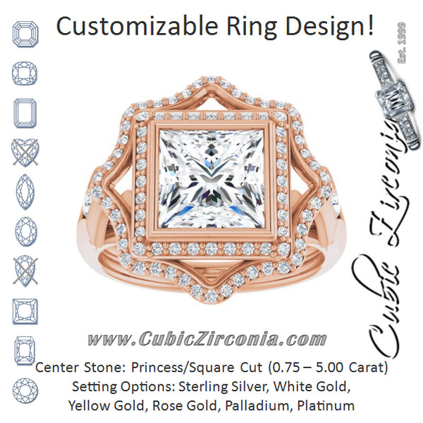 Cubic Zirconia Engagement Ring- The Cyra (Customizable Cathedral-bezel Princess/Square Cut Design with Floral Double Halo and Channel-Accented Split Band)