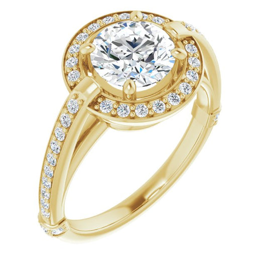 10K Yellow Gold Customizable High-Cathedral Round Cut Design with Halo and Shared Prong Band