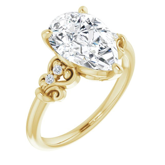 10K Yellow Gold Customizable Vintage 5-stone Design with Pear Cut Center and Artistic Band Décor