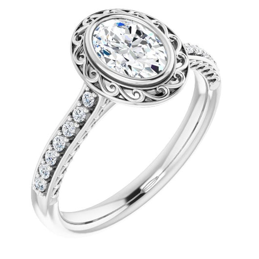 10K White Gold Customizable Cathedral-Bezel Oval Cut Design featuring Accented Band with Filigree Inlay