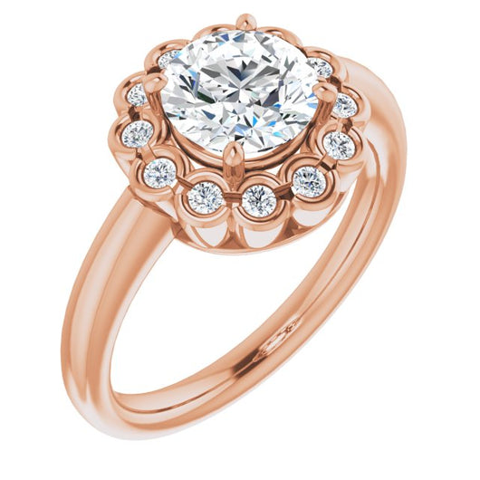 10K Rose Gold Customizable 13-stone Round Cut Design with Floral-Halo Round Bezel Accents