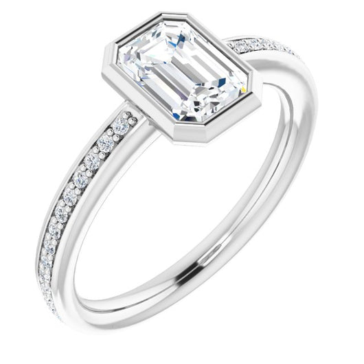 10K White Gold Customizable Bezel-Set Emerald/Radiant Cut Center with Thin Shared Prong Band