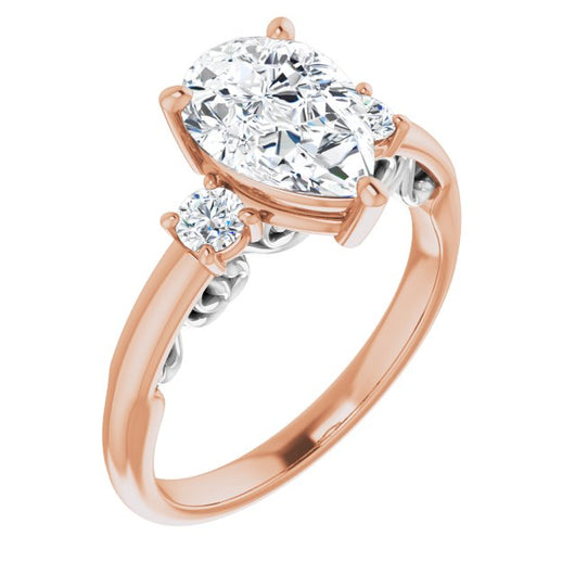 14K Rose & White Gold Customizable Pear Cut 3-stone Style featuring Heart-Motif Band Enhancement