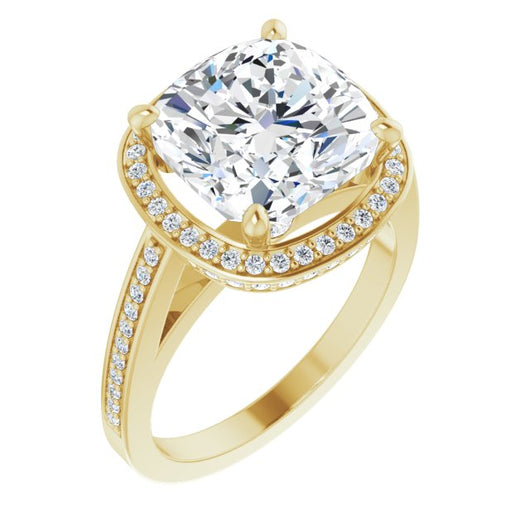 10K Yellow Gold Customizable Cathedral-set Cushion Cut Design with Halo, Thin Pavé Band & Round-Bezel Peekaboos