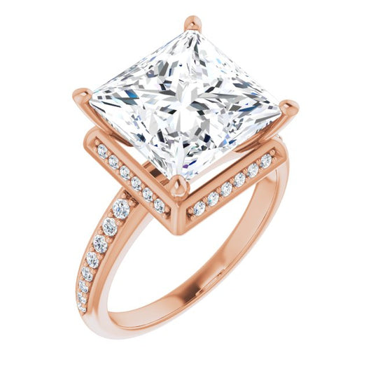 10K Rose Gold Customizable Princess/Square Cut Design with Geometric Under-Halo and Shared Prong Band