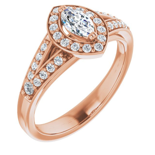 10K Rose Gold Customizable Cathedral-set Marquise Cut Style with Accented Split Band and Halo