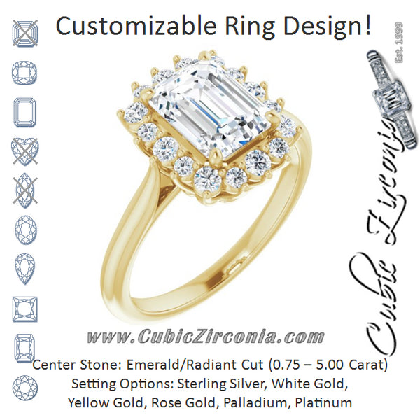 Cubic Zirconia Engagement Ring- The Honoka (Customizable Crown-Cathedral Emerald Cut Design with Clustered Large-Accent Halo & Ultra-thin Band)