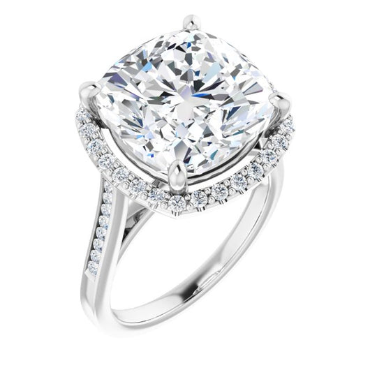 10K White Gold Customizable Cushion Cut Design with Halo, Round Channel Band and Floating Peekaboo Accents