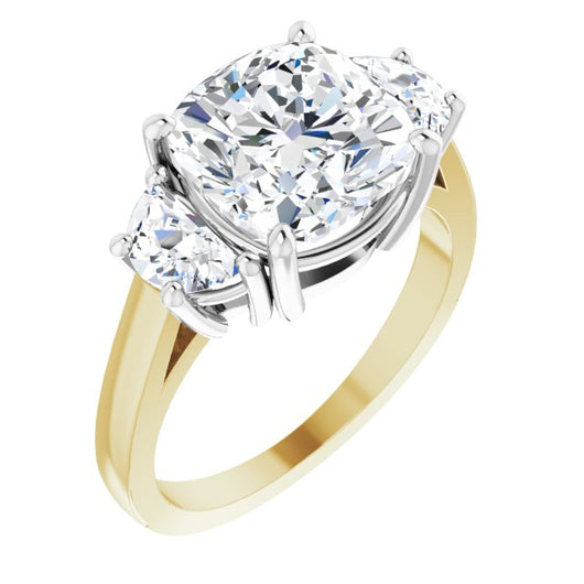 14K Yellow & White Gold Customizable 3-stone Design with Cushion Cut Center and Half-moon Side Stones