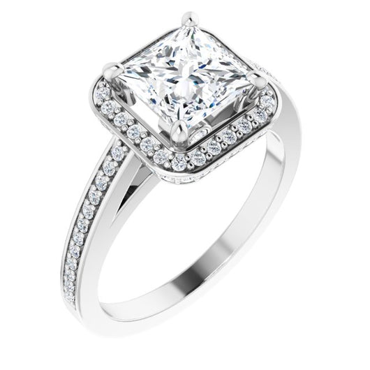 10K White Gold Customizable Cathedral-set Princess/Square Cut Design with Halo, Thin Pavé Band & Round-Bezel Peekaboos