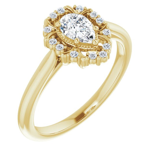 10K Yellow Gold Customizable Pear Cut Design with Majestic Crown Halo and Raised Illusion Setting