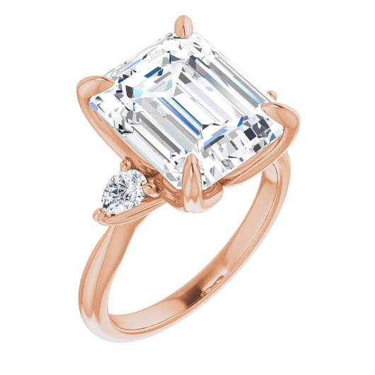 10K Rose Gold Customizable 3-stone Design with Emerald/Radiant Cut Center and Dual Large Pear Side Stones