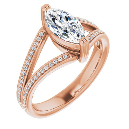 10K Rose Gold Customizable Marquise Cut Center with 100-stone* "Waterfall" Pavé Split Band