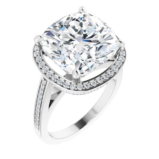 10K White Gold Customizable Cathedral-set Cushion Cut Design with Halo, Thin Pavé Band & Round-Bezel Peekaboos