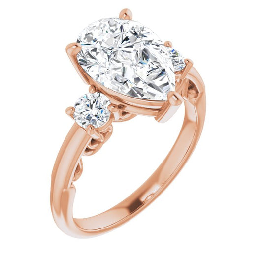 10K Rose Gold Customizable Pear Cut 3-stone Style featuring Heart-Motif Band Enhancement