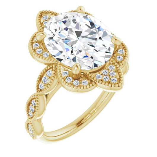 10K Yellow Gold Customizable Cathedral-style Oval Cut Design with Floral Segmented Halo & Milgrain+Accents Band