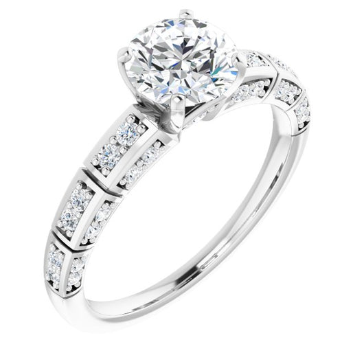 10K White Gold Customizable Round Cut Style with Three-sided, Segmented Shared Prong Band