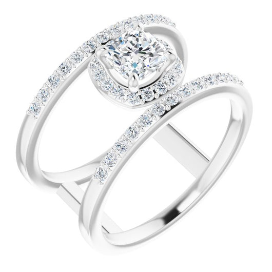 10K White Gold Customizable Cushion Cut Halo Design with Open, Ultrawide Harness Double Pavé Band