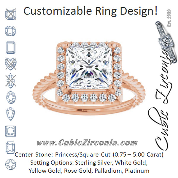 Cubic Zirconia Engagement Ring- The Shiori (Customizable Cathedral-set Princess/Square Cut Design with Halo and Twisty Rope Band)