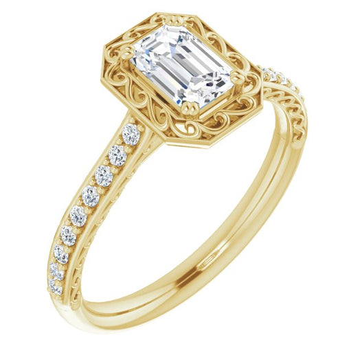 10K Yellow Gold Customizable Emerald/Radiant Cut Halo Design with Filigree and Accented Band