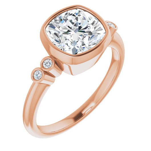 10K Rose Gold Customizable 5-stone Bezel-set Cushion Cut Design with Quad Round-Bezel Side Stones