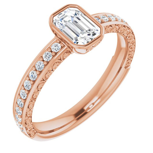 10K Rose Gold Customizable Bezel-set Emerald/Radiant Cut Design with Cloud-pattern Band & Semi-Eternity Accents