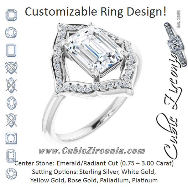 Cubic Zirconia Engagement Ring- The Casie Jean (Customizable Emerald Cut Style with Artistic Equilateral Halo and Ultra-thin Band)