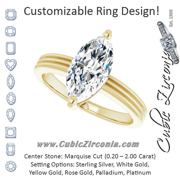 Cubic Zirconia Engagement Ring- The Davina (Customizable Marquise Cut Solitaire with Double-Grooved Band)