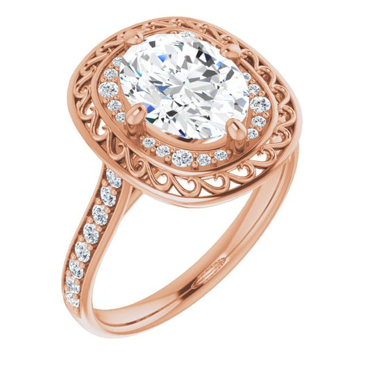 10K Rose Gold Customizable Cathedral-style Oval Cut featuring Cluster Accented Filigree Setting & Shared Prong Band