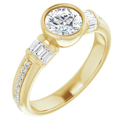 10K Yellow Gold Customizable Cathedral-Bezel Round Cut Style with Horizontal Baguettes & Shared Prong Band