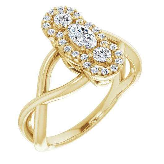 10K Yellow Gold Customizable Vertical 3-stone Oval Cut Design Enhanced with Multi-Halo Accents and Twisted Band