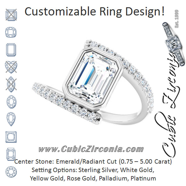 Cubic Zirconia Engagement Ring- The Pocahontas (Customizable Bezel-set Emerald Cut Design with Bypass Pavé Band)