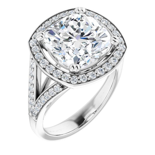 10K White Gold Customizable Cathedral-set Cushion Cut Style with Accented Split Band and Halo