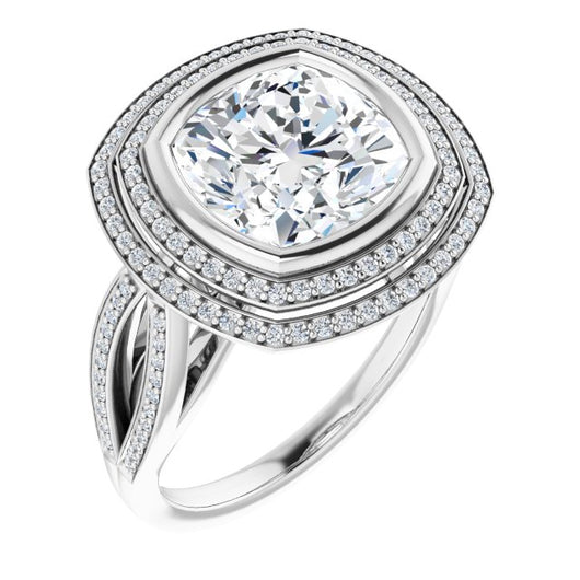 10K White Gold Customizable Bezel-set Cushion Cut Style with Double Halo and Split Shared Prong Band